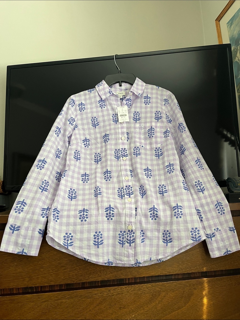 Brand new Crew Factory Lavender Gingham Shirt with Lavender Blue Floral Print.